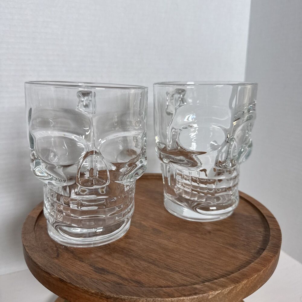 Set Of 2 Gibson Home- Large Skeleton Iridescent Glass  Skull Mugs w/ Bone Handle
